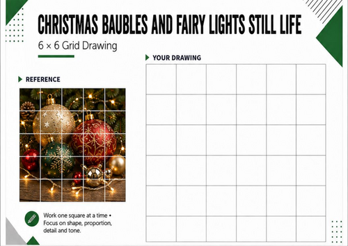 Christmas Baubles & Fairy Lights Still Life – Grid Drawing Worksheet