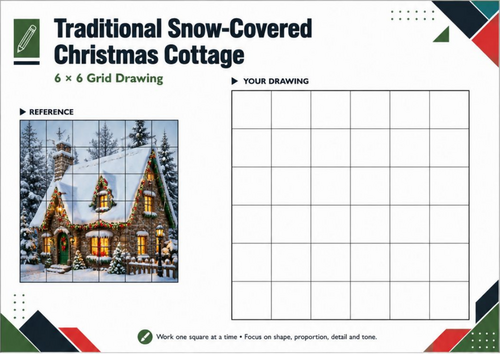 Traditional Snow-Covered Christmas Cottage – Grid Drawing Worksheet