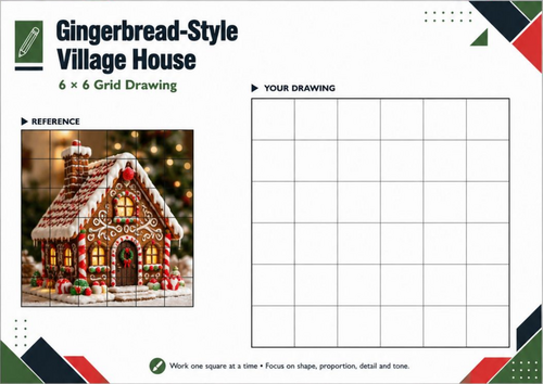 Gingerbread-Style Village House – Christmas Grid Drawing Worksheet