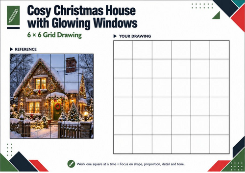 Cosy Christmas House with Glowing Windows – Grid Drawing Worksheet