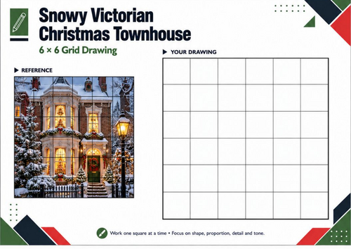 Snowy Victorian Christmas Townhouse – Grid Drawing Worksheet