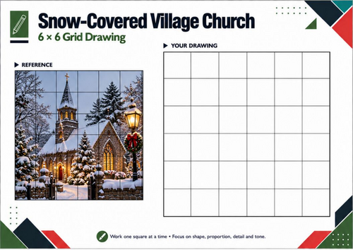 Snow-Covered Village Church – Christmas Grid Drawing Worksheet