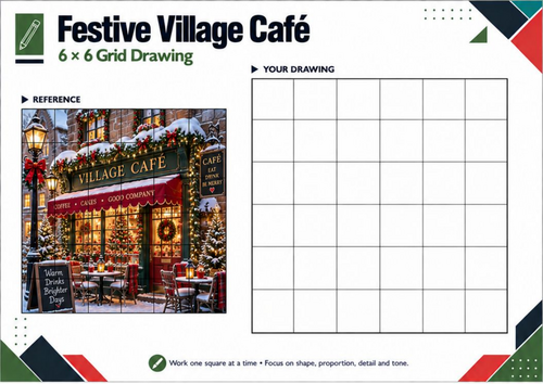 Festive Village Café – Christmas Grid Drawing Worksheet
