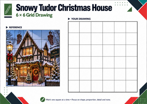 Snowy Tudor Christmas House – Grid Drawing Worksheet