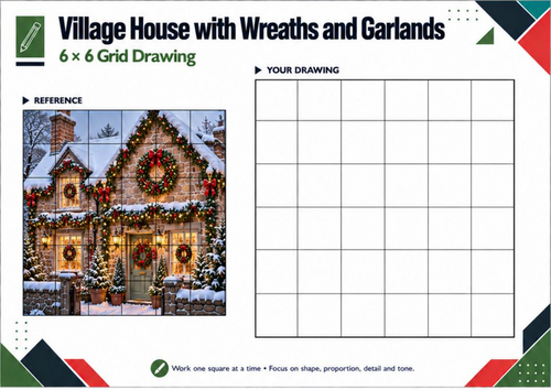 Village House with Wreaths & Garlands – Christmas Grid Drawing Worksheet