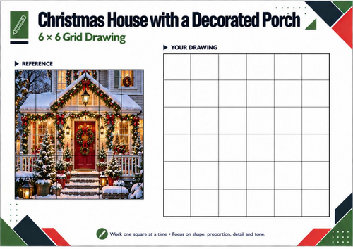 Christmas House with a Decorated Porch – Grid Drawing Worksheet