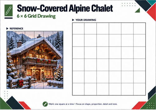 Snow-Covered Alpine Chalet – Christmas Grid Drawing Worksheet