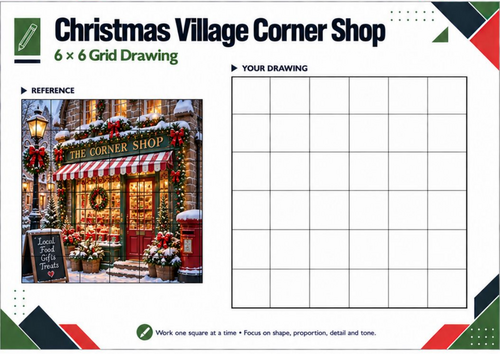 Christmas Village Corner Shop – Festive Grid Drawing Worksheet