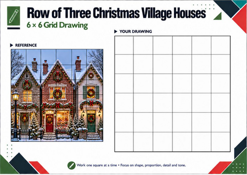 Row of Three Christmas Village Houses – Grid Drawing Worksheet