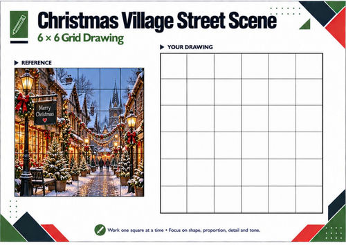 Christmas Village Street Scene – Festive Grid Drawing Worksheet