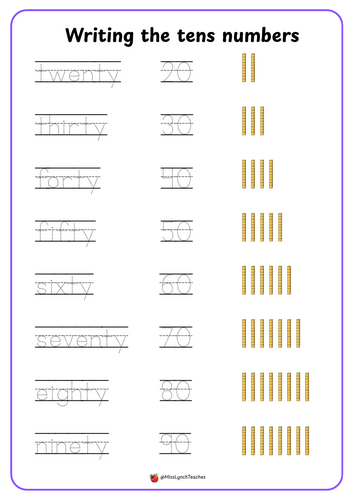 Writing the tens numbers - tracing activity