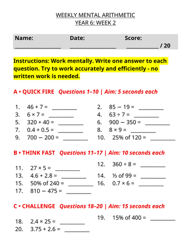 Year 6 Weekly Mental Maths - Mental Arithmetic Worksheet | Week 2