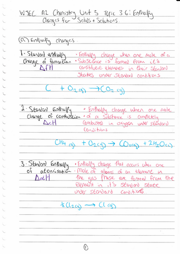 WJEC A level CHEMISTRY A2 UNIT 3 TOPIC 3.6: Enthalpy changes for solids and solutions handwritten no