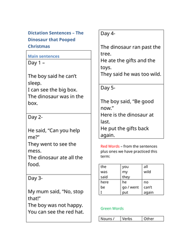Dictation sentences The Dinosaur That Pooped Christmas KS1 Y1 Y2 SEND editable