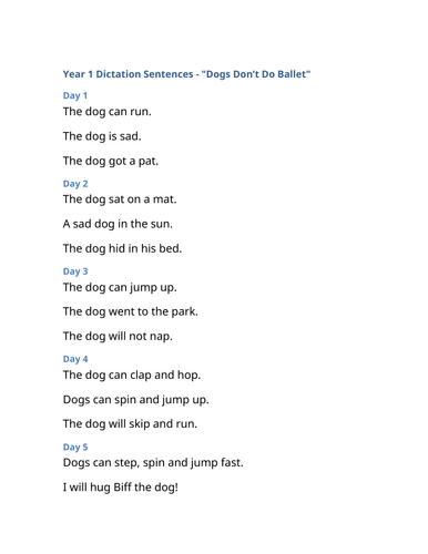 Dictation sentences Dogs Don't Do Ballet KS1 Y1 Y2 SEND editable