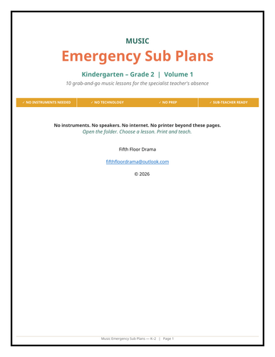 Music Emergency Sub Plans VOLUME 1 | K–2nd Grade