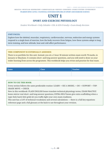 BTEC Level 3 Sport & Exercise Science Unit 1: Sport & Exercise Physiology | 40-Page Workbook