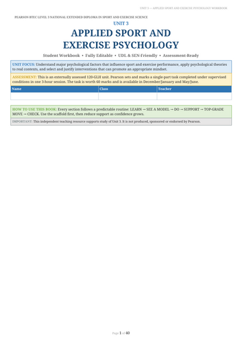 BTEC Level 3 Sport Unit 3: Applied Sport and Exercise Psychology | Editable Student Workbook