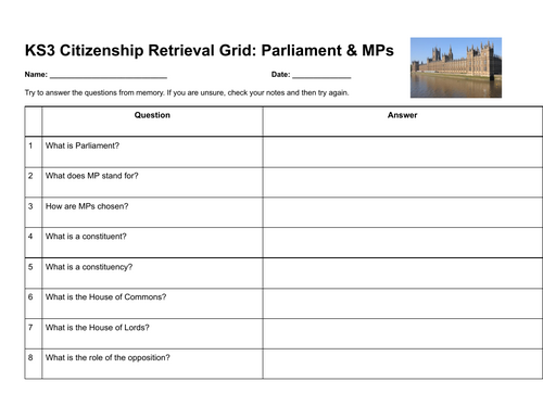 KS3 Citizenship Retrieval Grid: Parliament and MPs