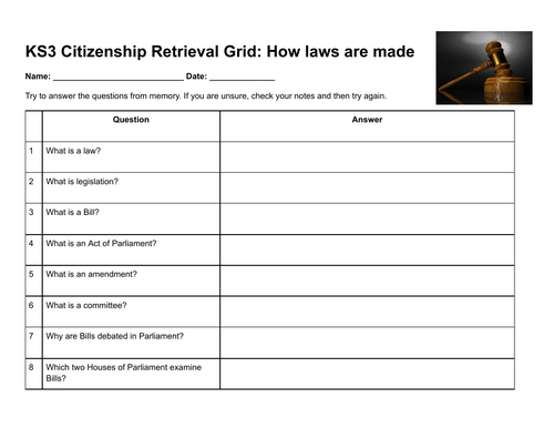 KS3 Citizenship Retrieval Grid: How Laws Are Made