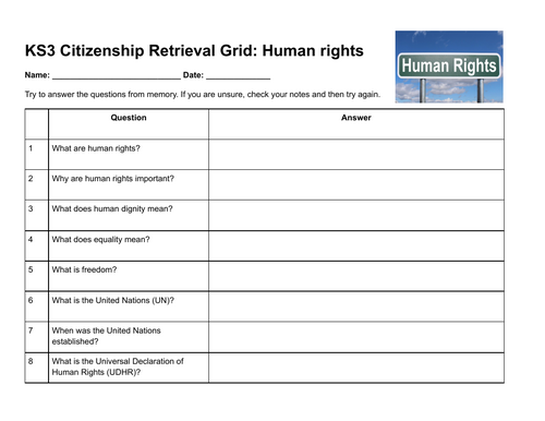 KS3 Citizenship Retrieval Grid: Human Rights