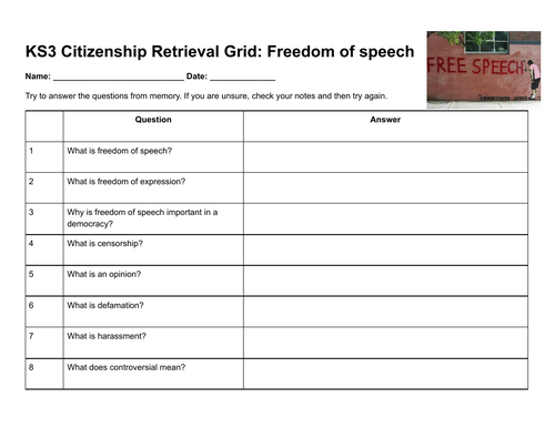 KS3 Citizenship Retrieval Grid: Freedom of Speech