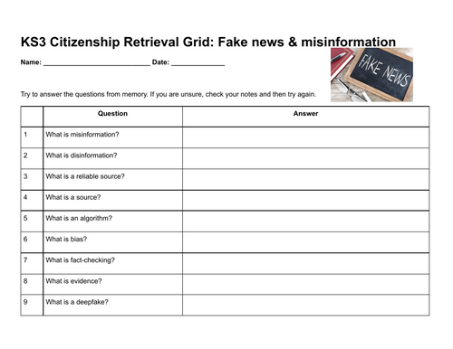 KS3 Citizenship Retrieval Grid: Fake News and Misinformation