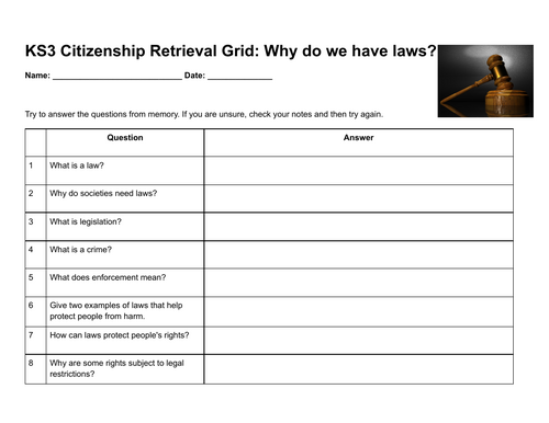 KS3 Citizenship Retrieval Grid: Why Do We Have Laws?
