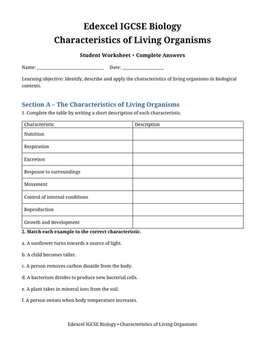 Edexcel IGCSE Biology – Characteristics of Living Organisms | Worksheet + Answers