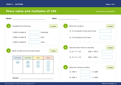 Secure place value to 1000: apply to addition and subtraction: multiples of 100
