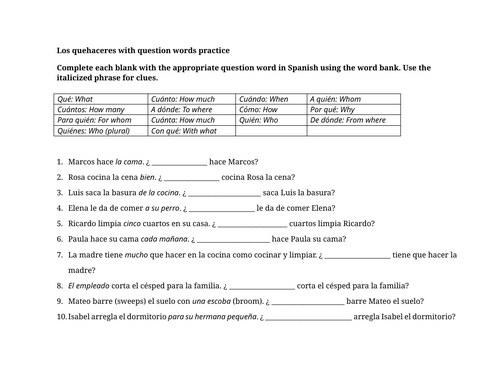 Los quehaceres with question words practice