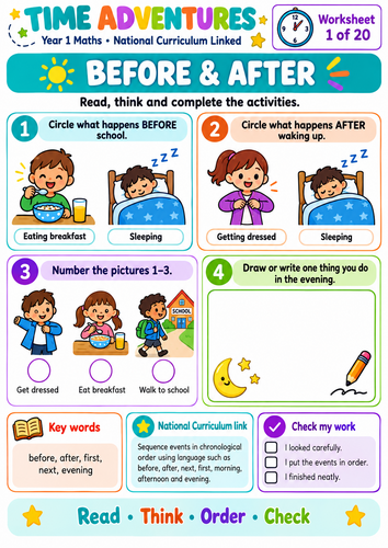 Year 1 Time Worksheets | O’Clock, Half Past, Days, Months & Sequencing | 20 Worksheets