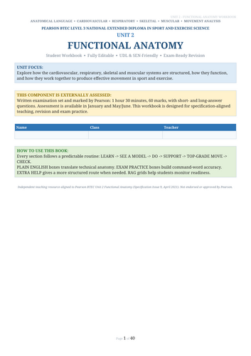BTEC Level 3 Sport & Exercise Science Unit 2: Functional Anatomy | 40-Page Workbook