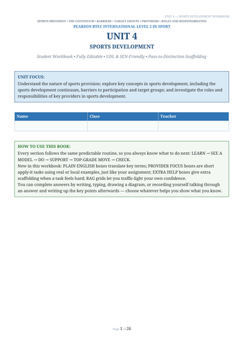 Pearson BTEC International Level 2 Sport Unit 4: Sports Development | Student Workbook