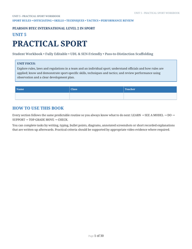 Pearson BTEC International Level 2 Sport Unit 5: Practical Sport | Student Workbook