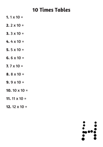 10 times tables practice worksheet