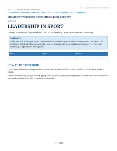 BTEC International Level 2 Sport Unit 6 Leadership in Sport | 32-Page Editable Workbook
