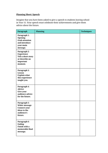 Graduation Speech Planning Sheet