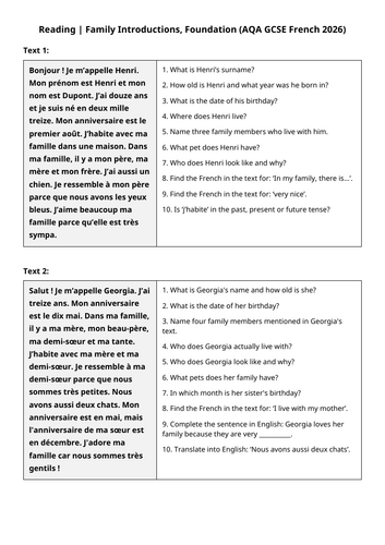 AQA GCSE 2026: Introductions Reading | Family (French Foundation)