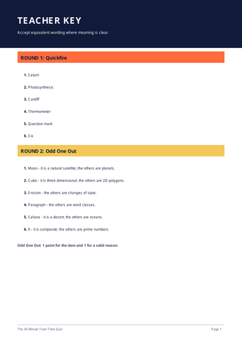 KS3 Tutor Time Team Quiz - 4 Rounds