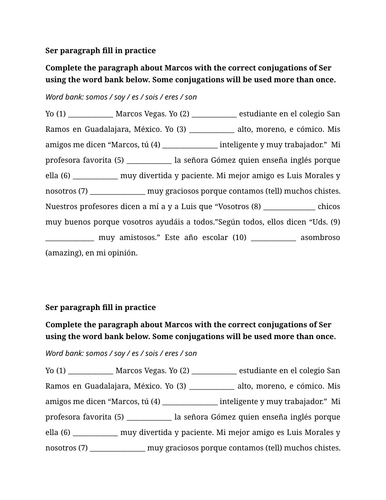 Ser paragraph fill in practice