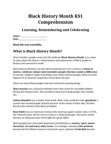 Black History Month KS1 Comprehension | Reading Comprehension | Updated for 2026-27