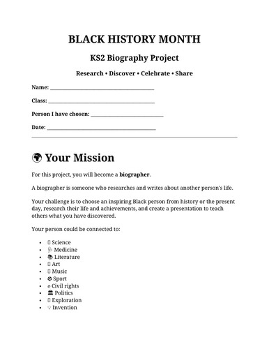 Black History Month KS2 Biography Project | Research & Presentation | Updated for 2026-27