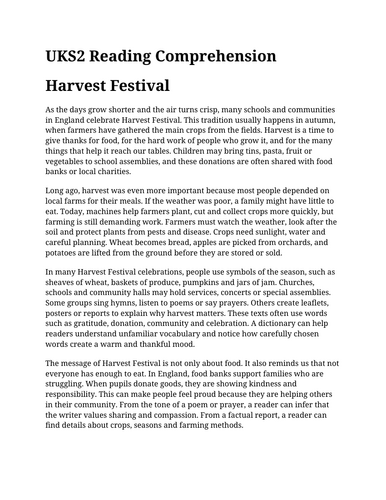 Harvest Festival UKS2 Reading Comprehension | Updated for 2026-27