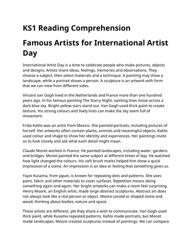 International Artist Day KS1 Reading Comprehension | Updated for 2026-27
