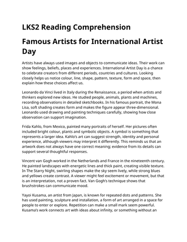 International Artist Day LKS2 Reading Comprehension | Updated for 2026-27