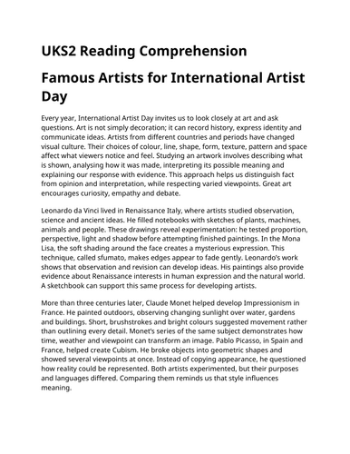 International Artist Day UKS2 Reading Comprehension | Updated for 2026-27
