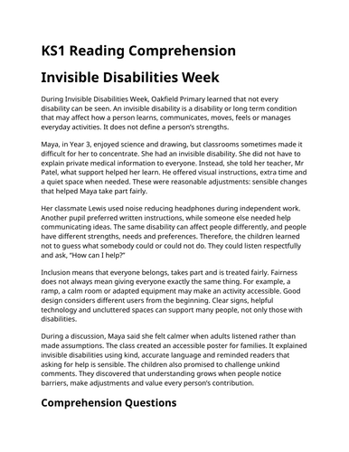 Invisible Disabilities Week KS1 Reading Comprehension | Updated for 2026-27