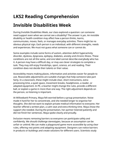 Invisible Disabilities Week LKS2 Reading Comprehension | Updated for 2026-27