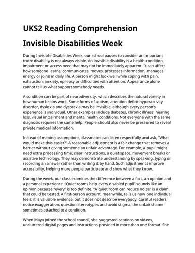 Invisible Disabilities Week UKS2 Reading Comprehension | Updated for 2026-27